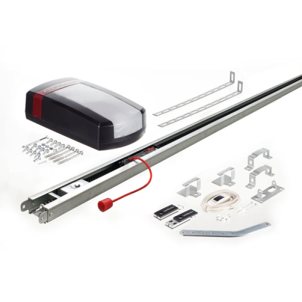 Contenu du pack LiftMaster LM80EVF : moteur, rail à courroie, passerelle 828EV, émetteurs TX4EVF, commande murale 128EV, photocellules 771EV